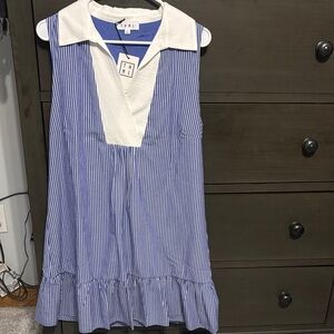 THML Blue and White Striped Sleeveless Collared Day Dress